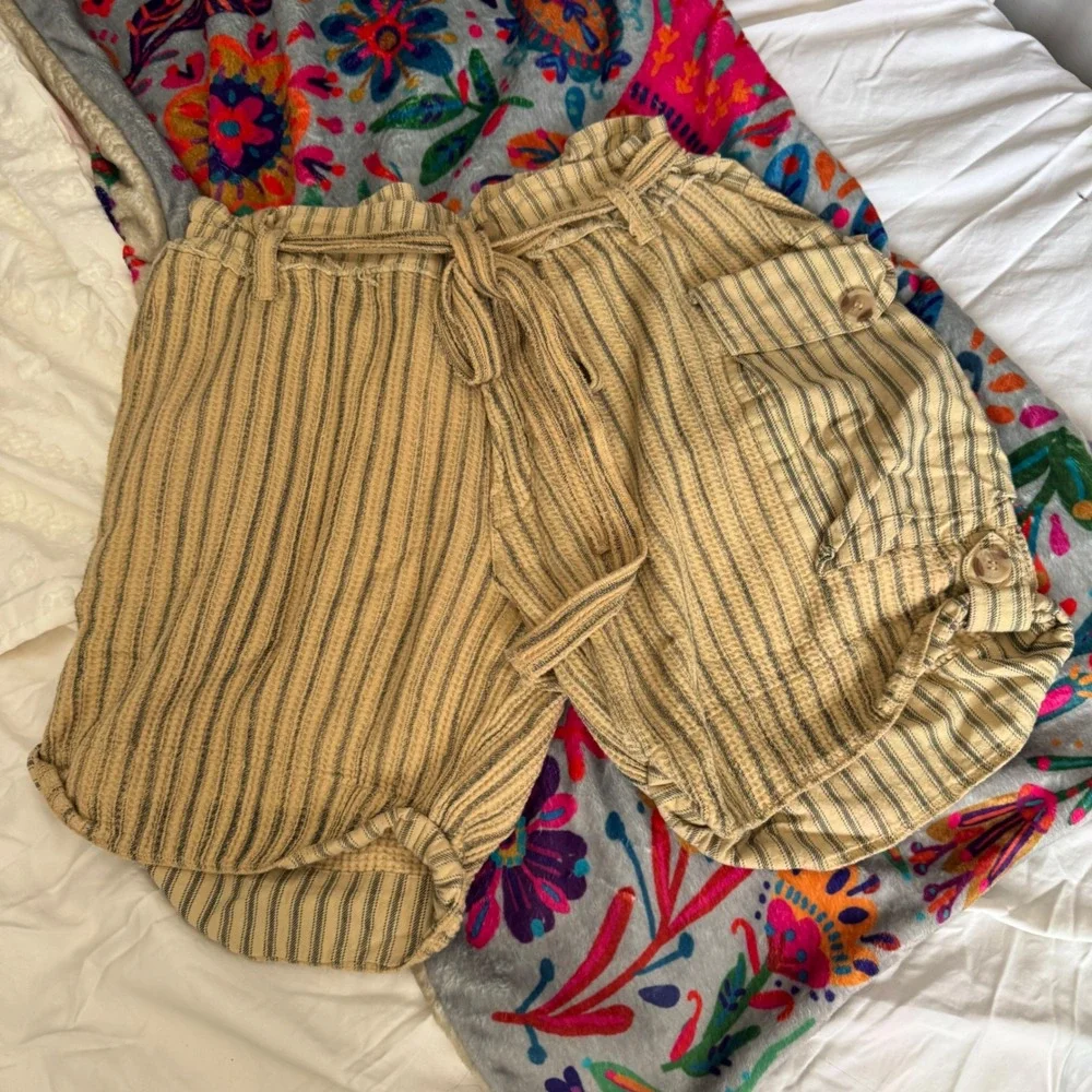 FP One Free People Striped Paperbag Shorts Tan Black Boho Cotton Waffle Small - Picture 2 of 14
